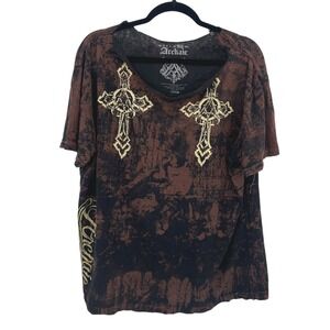 Gothic Grunge Graphic T Shirt XXL Brown Black Wing Cross Dark Y2K Tattoo